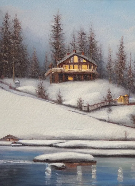 Image similar to an oil painting of a lake house in winter