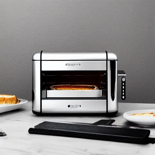 Image similar to cinematic photoshoot of clean modern hand crafted super futuristic toaster pro display xpr luxury smooth color metal white silver with black leather padding well design ultrareallistic detailed high quality 8 k photorealistic ultra realistic