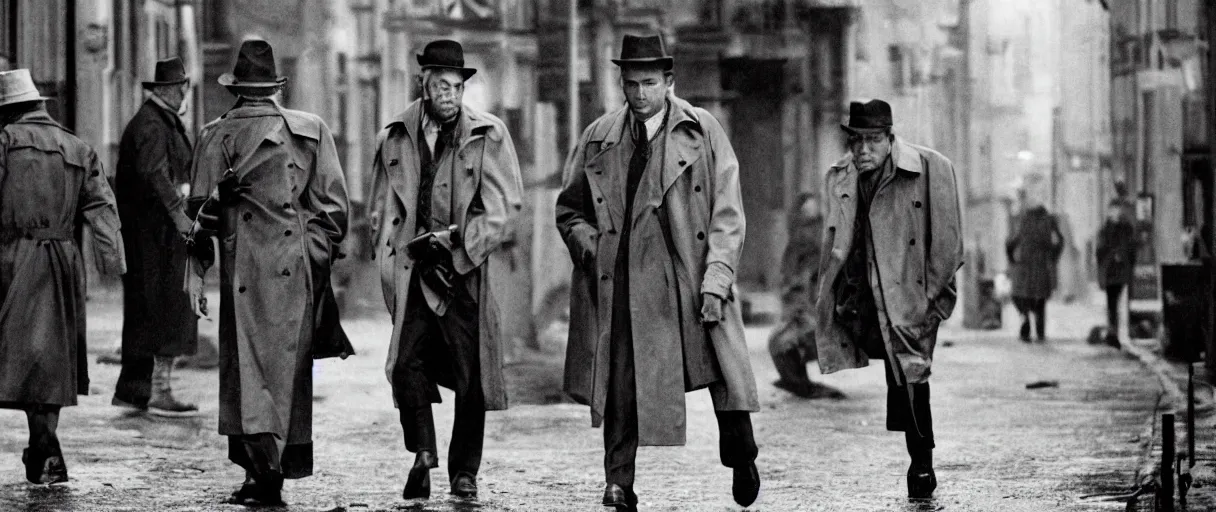 Image similar to a drunk and depressed film noir detective in a trench-coat, walking along a street; extremely detailed; film still