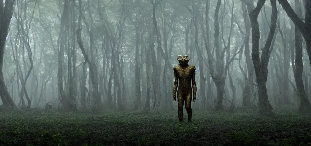 Image similar to a complex organic fractal 3 d metallic symbiotic ceramic humanoid megastructure creature in a swampy lush forest, foggy, cinematic shot, photo still from movie by denis villeneuve