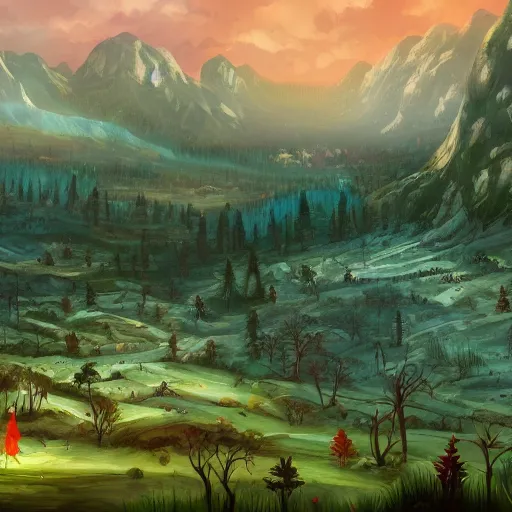 Prompt: panorama of a valley filled with a forest and a village, medieval, fantasy, oil painting, by lois van baarle