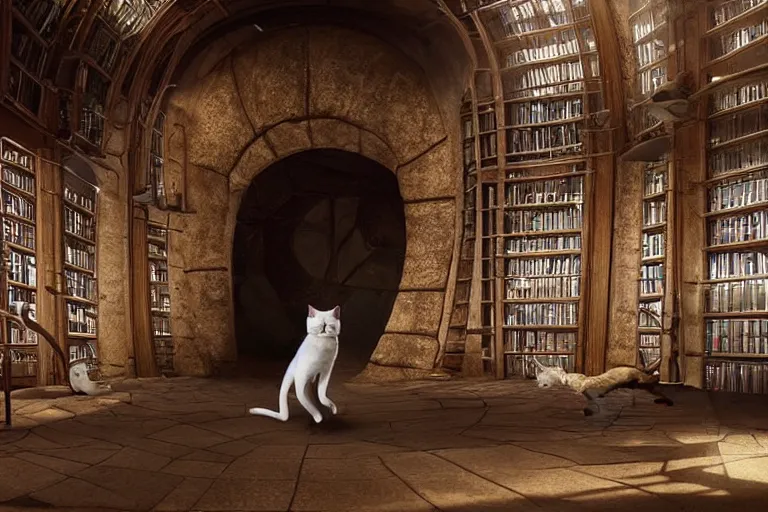 Prompt: futuristic VFX movie of a cat walking through a wizards magic underground library, natural lighting by Emmanuel Lubezki