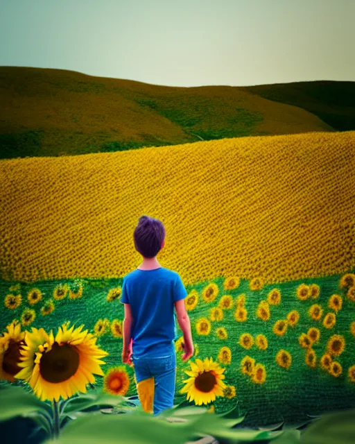 Prompt: boy standing on a hill looking down into the valley of sunflower fields, hills, cliffs, yellow sunflowers by beeple