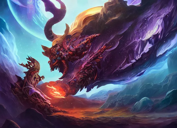 Prompt: cosmic beast devouring a star concept art, digital illustration, trending on artstation, intricate details, epic composition, sharp focus, 8 k uhd, masterpiece, league of legends splash art