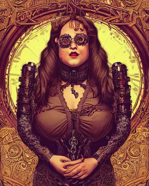 Image similar to a detailed portrait illustration of a steampunk necromancer. beautiful obese female face. art nouveau, pop art, comic book style. influenced by neil gaiman, h. p. lovecraft, dan mumford, karol bak, vadim voitekhovitch, killian eng, ross tran, cedric peyravernay.