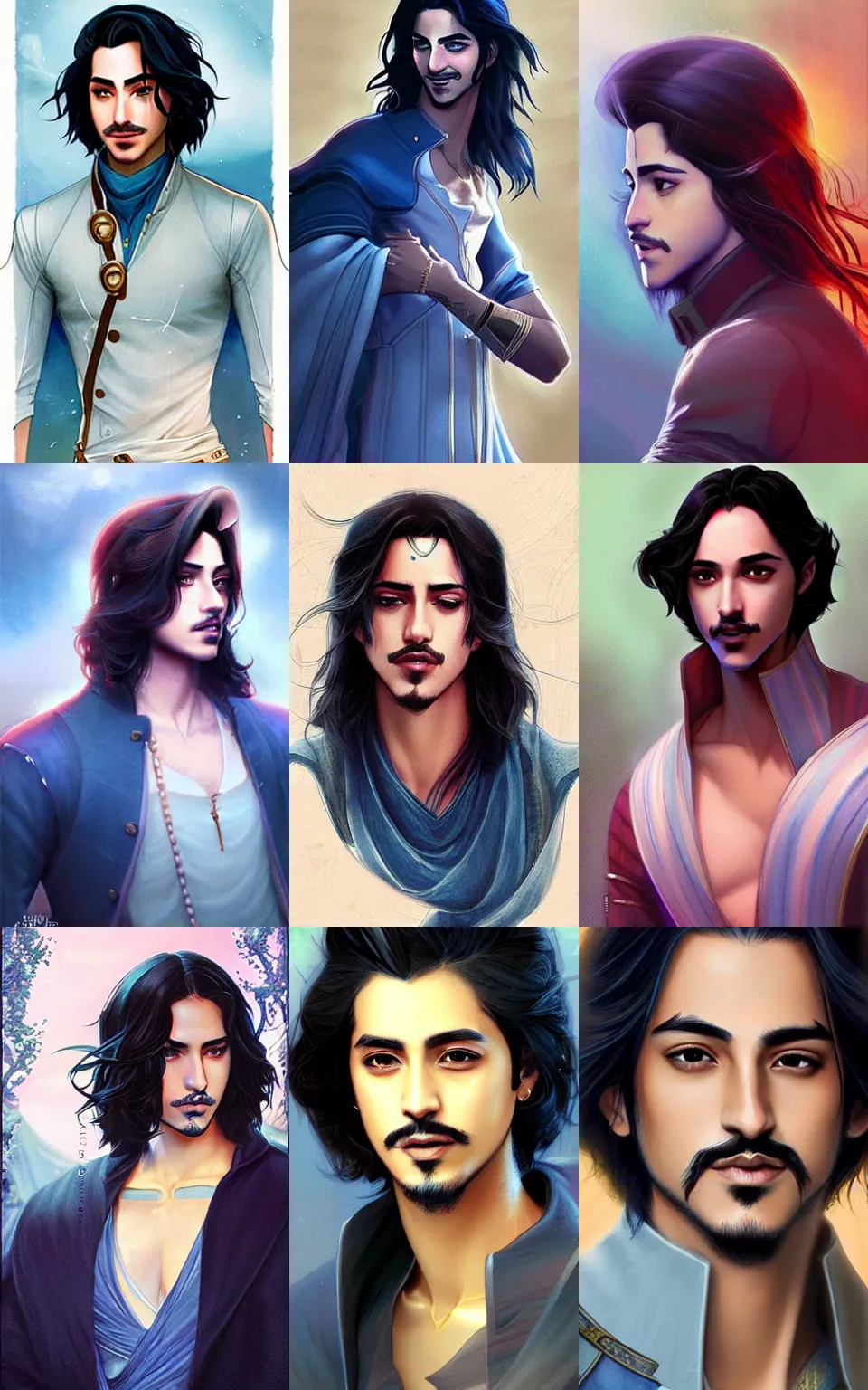Prompt: Avan Jogia as a prince. Long dark hair, blue clothes. Character design by charlie bowater, ross tran, artgerm, and makoto shinkai, detailed, inked, western comic book art, 2021 award winning painting