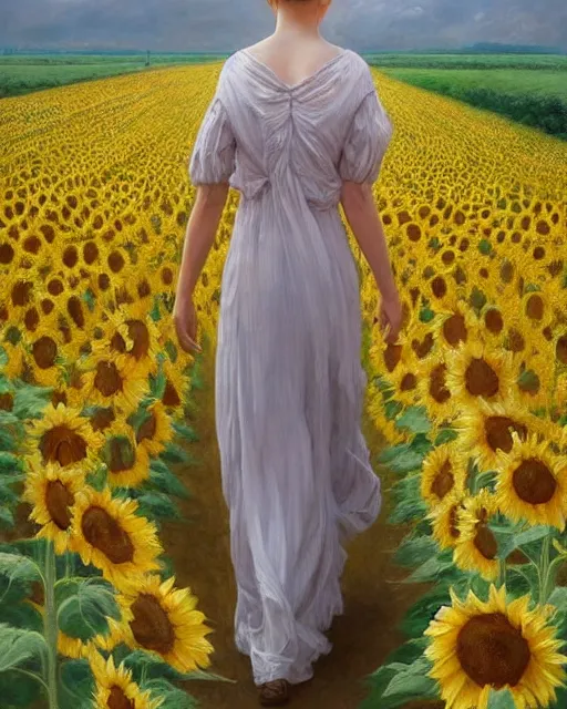 Prompt: a girl slowly in really long dress walking through amazing tall sunflower field, hair flowing, early morning lightning, bad weather approaching, oil on canvas, artstation, by j. c. leyendecker and edmund blair leighton and charlie bowater, octane, very aesthetic!!!!!!!!!!!!!!!