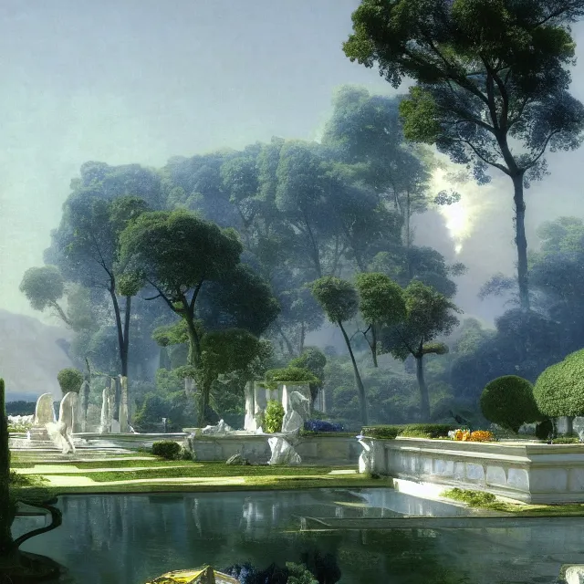 Prompt: gardens of marble draped in flowing sheets of cobalt blue satin and silver satin, by ivan aivazovsky and syd mead and moebius and thomas cole and roger dean and pieter claesz and paul delaroche and alma tadema and august malmstrom and caspar david friedrich and aelbert cuyp, hyperrealistic, volumetric light, octane render