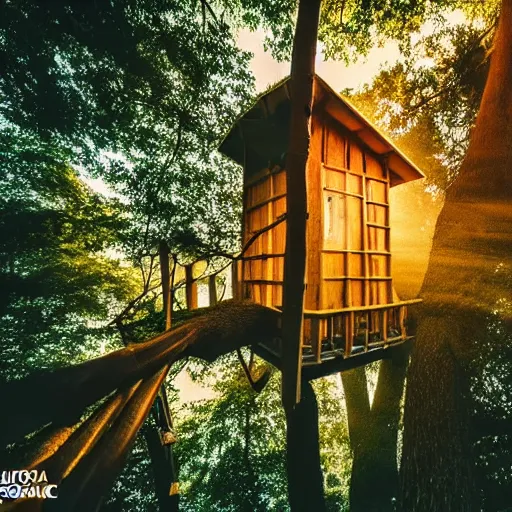 Prompt: A pov in a tree house, photo national geographic, gopro, ultrahd, morning mist, beautiful