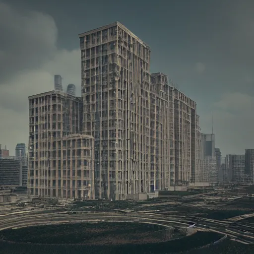 Image similar to in a city with a rich history, the communist building stands in the middle, brutalism, highly detailed, cinematic landscape ， octane render ， trending on artstation,