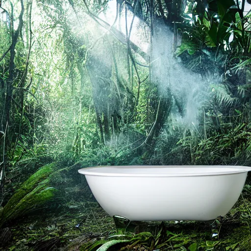 Image similar to pristine porcelain bath filled with bubbles in a clearfelled jungle, slash and burn, deforestation