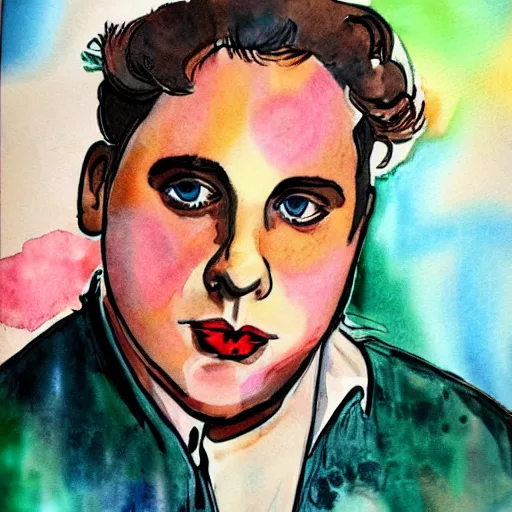 Image similar to jonah hill, stylized. Watercolor and ink. 1980s.