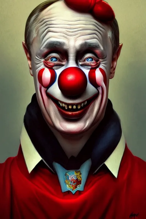 Image similar to vladimir putin as a stupid clown, funny, laughing, cartoonish, realistic portrait, symmetrical, highly detailed, digital painting, artstation, concept art, smooth, sharp focus, illustration, cinematic lighting, art by artgerm and greg rutkowski and alphonse mucha