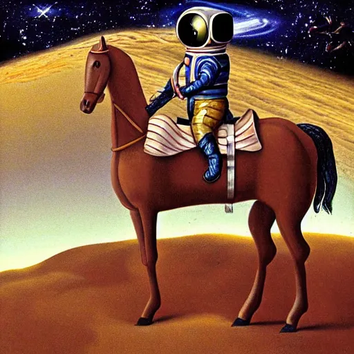 Image similar to a horse riding an astronaut, horse, style of surrealism