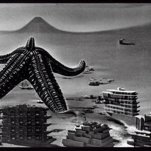 Prompt: a giant Kaiju Starfish Monster over a traditional Korean village, minimal cinematography by Akira Kurosawa, hyperrealistic movie filmstill, film noir, thriller by Fritz Lang