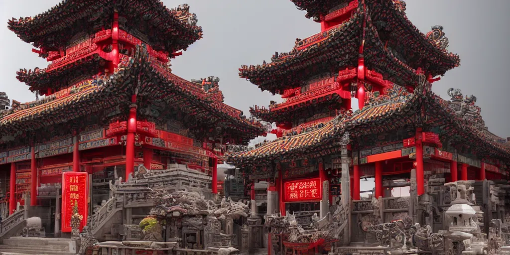 Prompt: a cyberpunk style chinese temple, detailed, atmospheric, 8 k