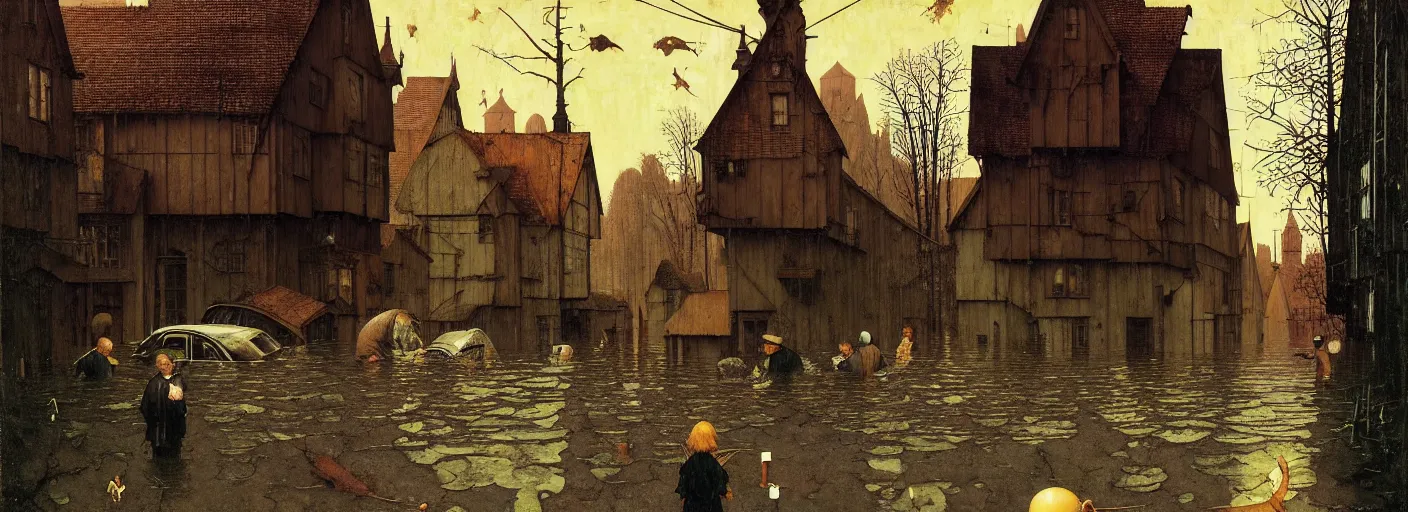 Image similar to flooded old wooden street, very coherent and colorful high contrast masterpiece by norman rockwell franz sedlacek hieronymus bosch dean ellis simon stalenhag rene magritte gediminas pranckevicius, dark shadows, sunny day, hard lighting, reference sheet white background