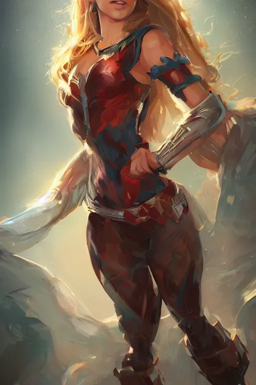 Image similar to three quarters portrait of a beautiful woman,super hero costume,heroic pose,highly detailed, digital painting,illustration, art by Stanley Lau