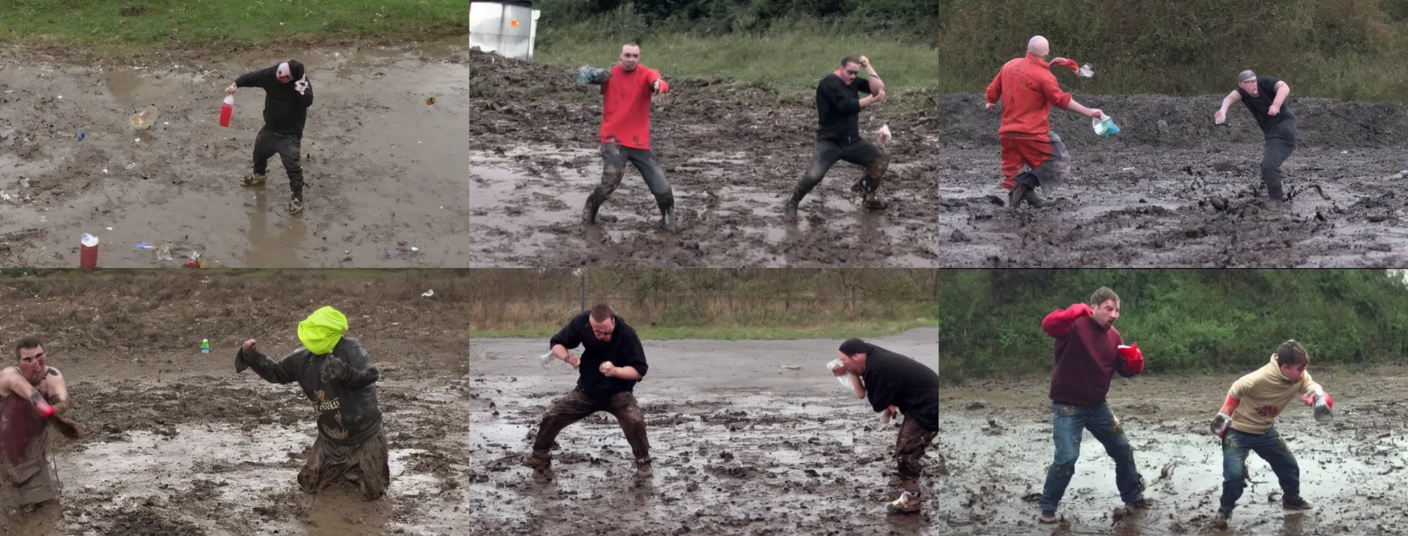 Prompt: a still of a drunk chav fighting a trash bag at a muddy waste disposal area, 2015 cinematography