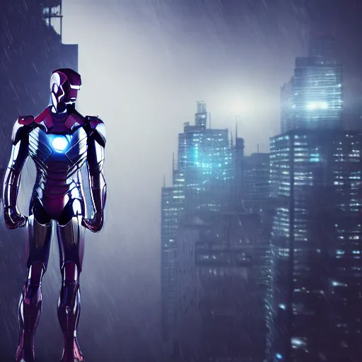 Prompt: A hyperdetailed photograph of a silver suit Iron Man flying through the skies of a cyberpunk, futuristic city, night, dense fog, rain, HD, 8K resolution