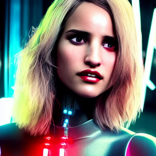 Image similar to dianna agron portrait, Cyberpunk 2077, photorealistic, ultra detailed, cybernetic body parts, neon, octane, bokeh, 8k