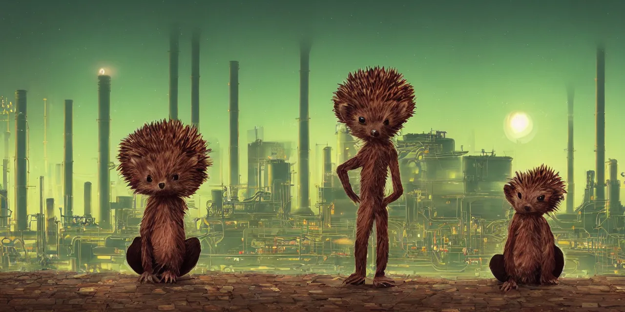 Prompt: a professional portrait, of an anthropomorphic brown hedgehog sitting outside of a cyberpunk academy, factories and power plants in the background, big moon in background, green smoggy sky, cinematic lighting, metal towers and sewers, holograms, artstation, omni magazine,