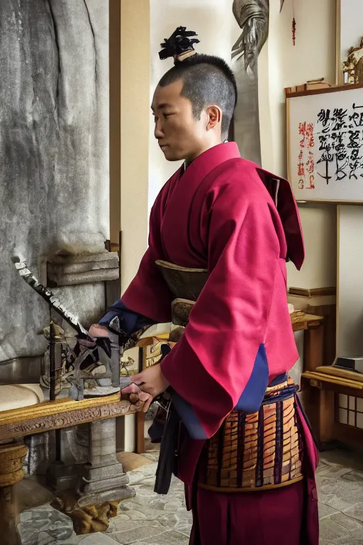 Image similar to samurai warrior in a a monastery dedicated to worshiping artificial intelligence