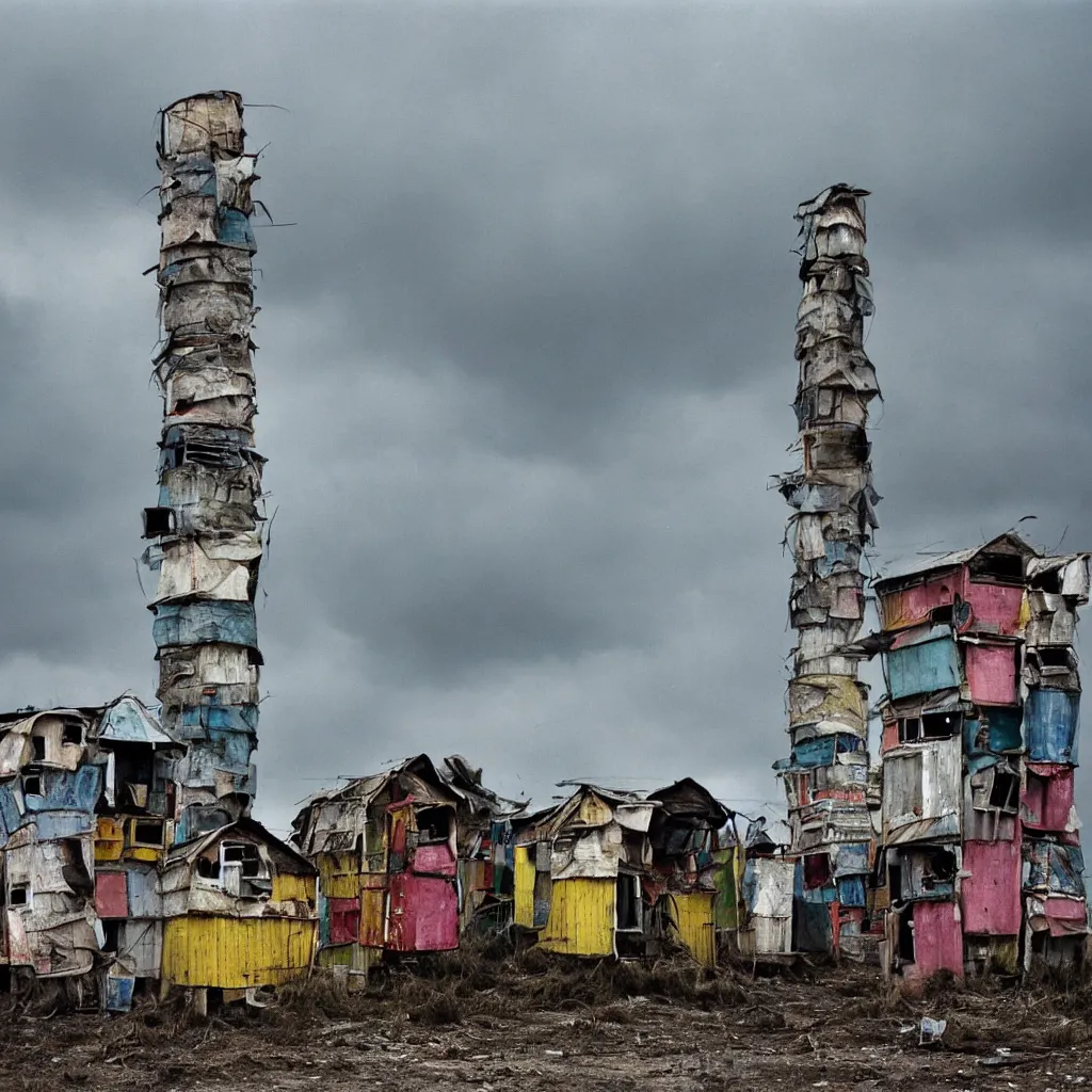 Prompt: close - up view of a tower made up of colourful makeshift squatter shacks with bleached colours, moody cloudy sky, dystopia, mamiya, very detailed, photographed by bruno barbey