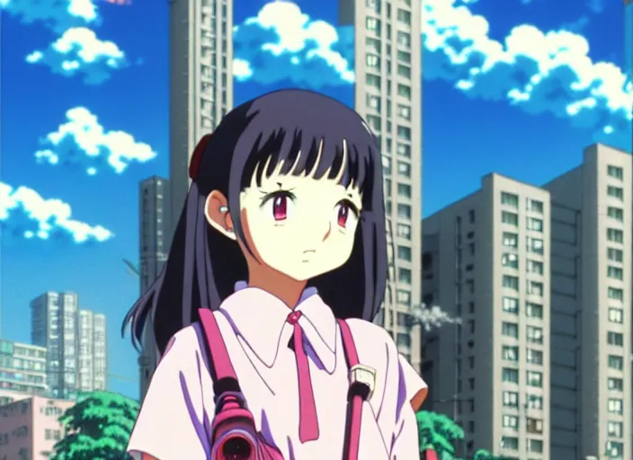 Prompt: anime fine details portrait of joyful school girl stay in front of big cyberpunk city buildings, nature, bokeh, close-up, anime masterpiece by Studio Ghibli. 8k, sharp high quality classic anime from 1990 in style of Hayao Miyazaki synthwave