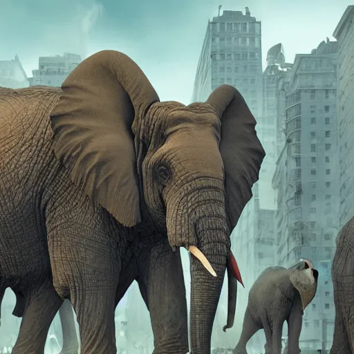 Image similar to giant zombie elephants destroying a city