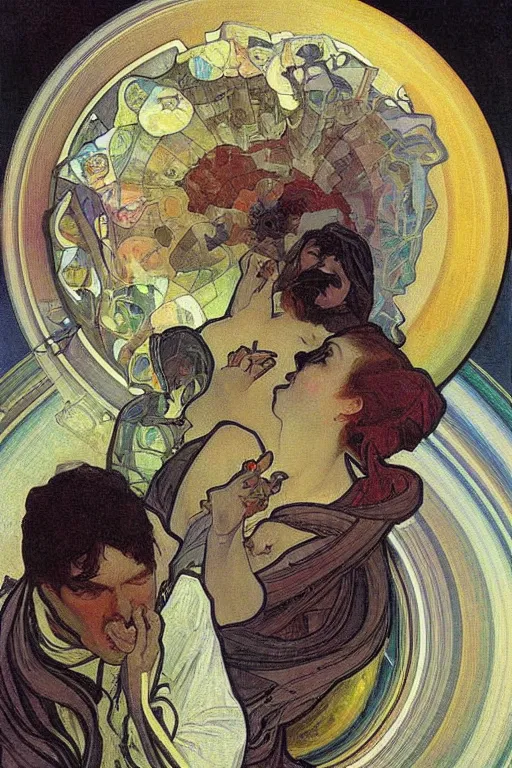 Image similar to saturn devouring his son painting by alfons mucha