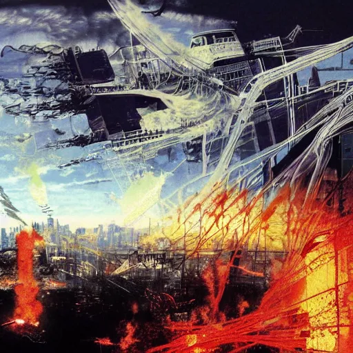 Prompt: a full - metal irisdiscent hindenburg accident, santiago of chile skyline, andes, the city is on pixeled fire from a fragmented wired reality, game poster by yoji shinkawa, esao andrews, yoshitaka amano and ryuichi sakamoto