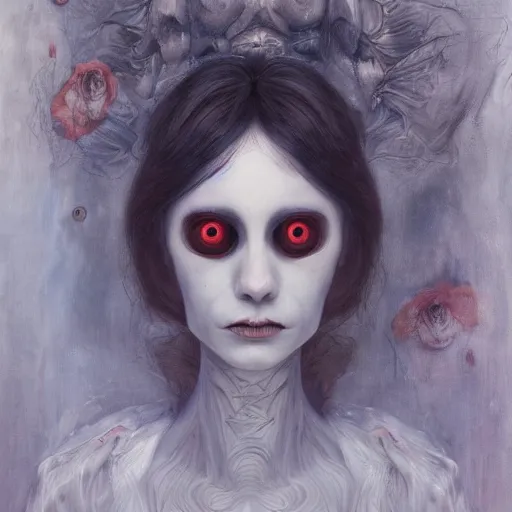 Prompt: ghostly female portrait in detail in oil paint by james jean, guillermo del toro l, tim burton