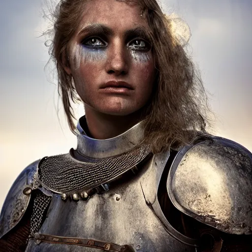 Prompt: head and shoulders portrait of a female knight, broken armor, lightly dirty face, detailed face, photography by jimmy nelson, dramatic mountain background, golden hour, hq