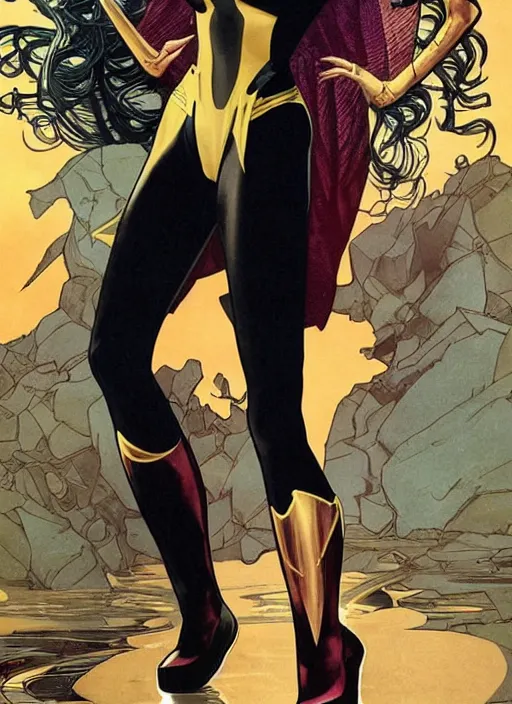Image similar to slim young april with a mischievous face and long blonde wavy hair dressed as a superhero in her early twenties, her arms are tucked behind her back, black canary, tight fit, curvaceous, leotard, intricate detailed face, high contrast, shiny, art by joshua middleton and greg rutkowski and alphonse mucha