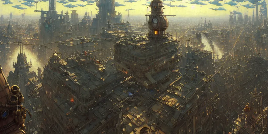 Image similar to steampunk airship above a busy city, exquisite details, denoised, mid view, by norman rockwell, karl kopinski, artsation, greg rutkowski, makoto shinkai, takashi takeuchi, studio ghibli