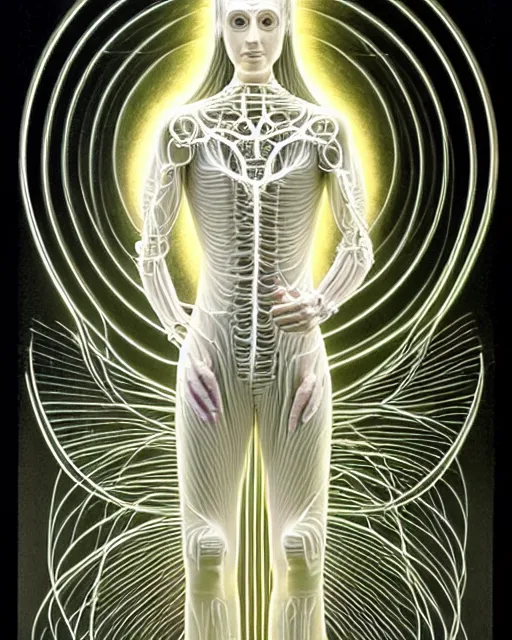 Image similar to Ethereal Enigma Being of light angelic humanoid cyberpunk cyborg with wire carved out of ivory by alex grey