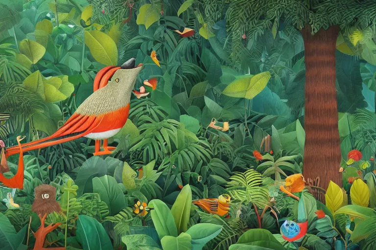 Image similar to rare bird in the jungle, highly detailed, unreal engine render concept art, style of henri rousseau and richard scarry and hiroshi yoshida and mimmo rotella