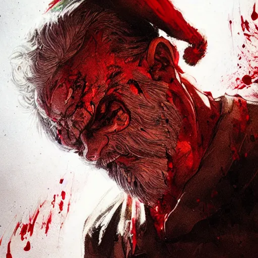 Image similar to portrait of Santa Claus l, angry expression, face covered in blood, dramatic lighting, illustration by Greg rutkowski, yoji shinkawa, 4k, digital art, concept art, trending on artstation