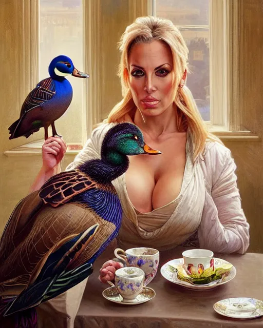 Image similar to Portrait of Jodie Marsh & a mallard & a pig having tea at the Ritz, real life skin, intricate, elegant, highly detailed, artstation, concept art, smooth, sharp focus, art by artgerm and greg rutkowski and alphonse mucha