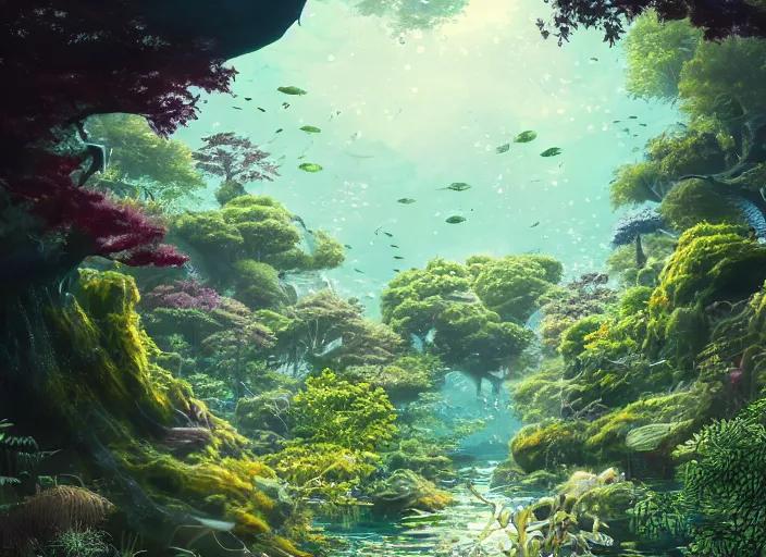 Image similar to overgrown foliage overtaking tall japanese architecture, underwater environment, borealis, scenery, professional, award - winning, trending on artstation, hyper detailed, realistic, beautiful, emotional, shiny, golden, picture