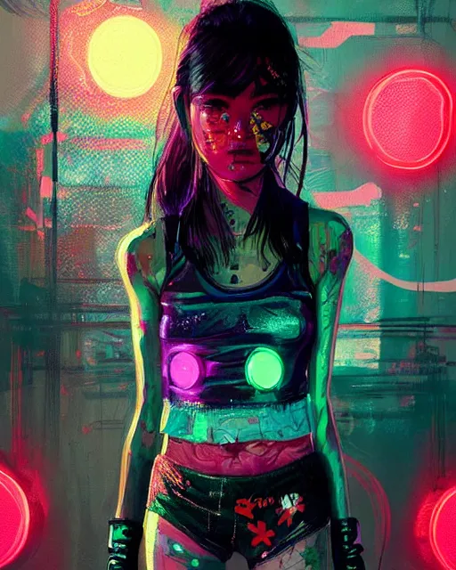 Image similar to detailed portrait Neon boxer Girl, cyberpunk futuristic neon, reflective crop top and shorts, boxing gloves, decorated with traditional Japanese ornaments by Ismail inceoglu dragan bibin hans thoma greg rutkowski Alexandros Pyromallis Nekro Rene Maritte Illustrated, Perfect face, fine details, realistic shaded, fine-face, pretty face