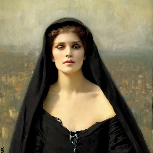 Prompt: portrait of a young women wearing a black cloak, her face is a skull, ultra realistic and highly detailed painting by gaston bussiere and j. c. leyendecker 8 k