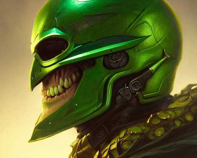 Prompt: a mind - blowing portrait of a green goblin wearing a skull helmet, deep focus, d & d, fantasy, intricate, elegant, highly detailed, digital painting, artstation, concept art, matte, sharp, illustration, hearthstone, art by artgerm and greg rutkowski and alphonse mucha