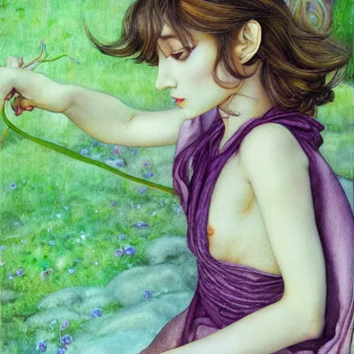 Image similar to little elf, purple tunic, soft hair. light color palate, detailed soft painting, ayami kojima, anatomically correct, inspired in balthus