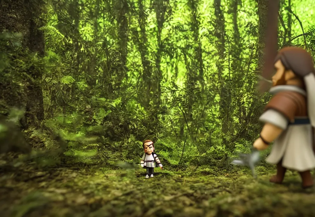 Image similar to side view of obi wan kenobi of disney movie as nendoroid running in a forest, 8 k hd dof, kodak film,