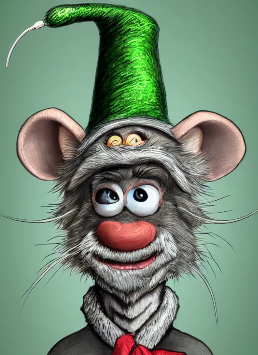 Image similar to anthropomorphic rat with human eyes and a gray beard, wearing jewelry, tricorne hat, green robe, d & d, digital art, detailed face, highly detailed, trending on artstation, realistic, studio lighting, drawn by dr. seuss