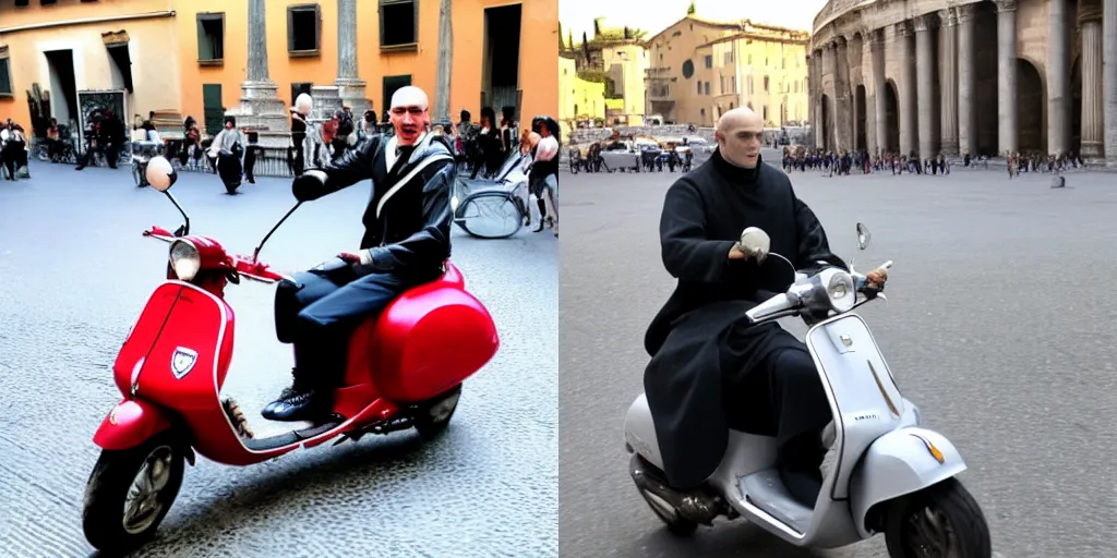 Prompt: Voldemort riding a vespa in Rome
