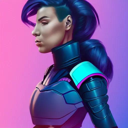 Image similar to a stunning upper body portrait of a beautiful young woman wearing futuristic navy blue and teal battle bodyarmor with shoulder pads, ombre purple and pink hairstyle, hair blowing in the wind, by marvel comics, digital art, trending on artstation