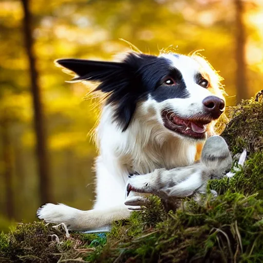 Prompt: a border collie protecting a fledgling in a nest in a forest, beautiful, golden hour, impressionist